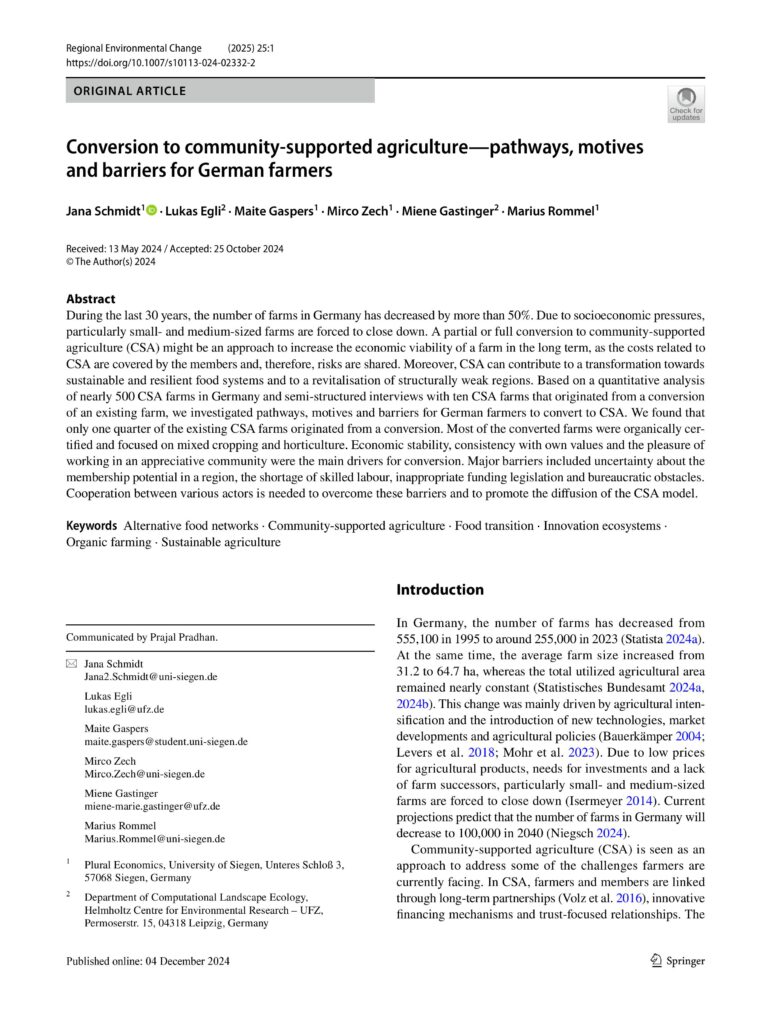 Conversion to community-supported agriculture-pathways, motives and barriers for German farmers von Jana Schmidt, Lukas Egli, Maite Gaspers, Mirco Zech, Miene Gastinger und Marius Rommel
